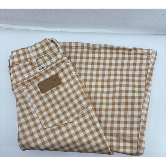Wrangler Wanderer 622 High Rise 13" Flare Jeans Tan Gingham Plaid  27x32 - Picture 1 of 10
